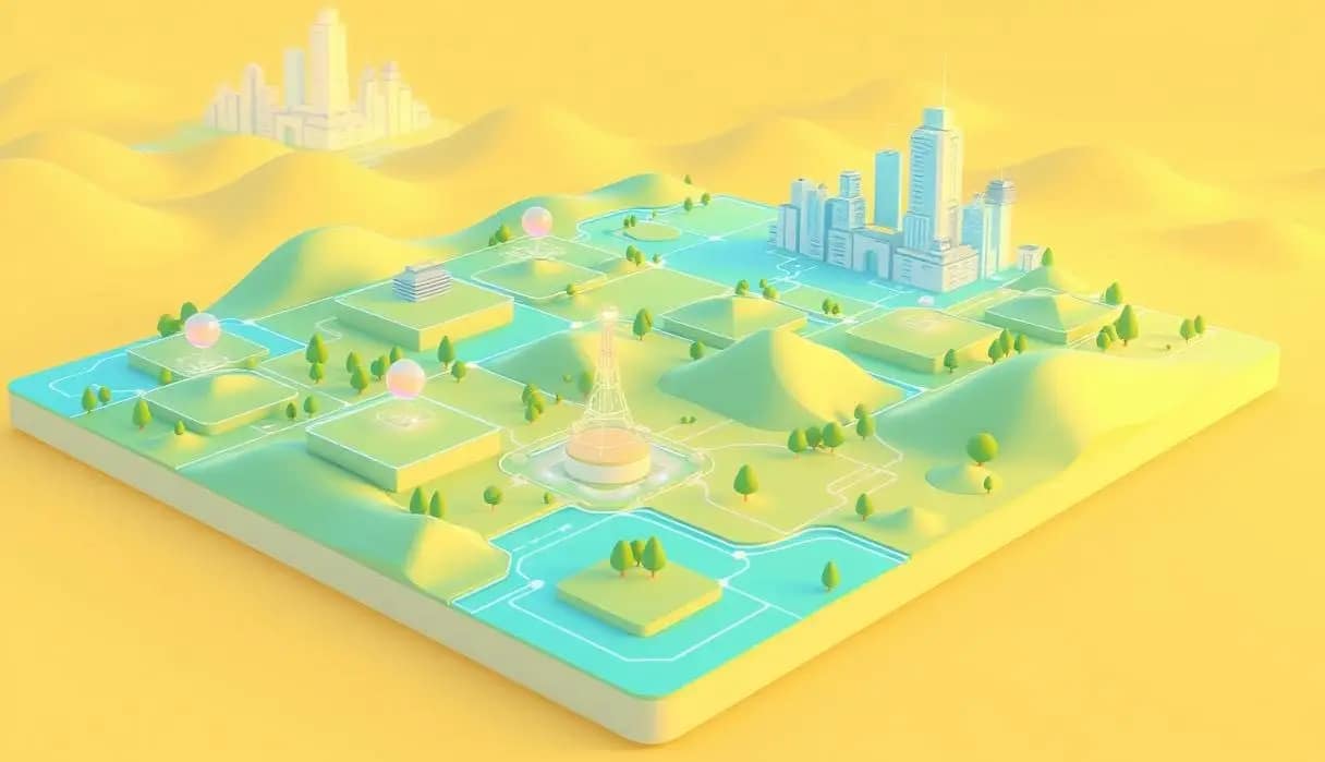 A 3D design of a digital landscape with skyscrapers